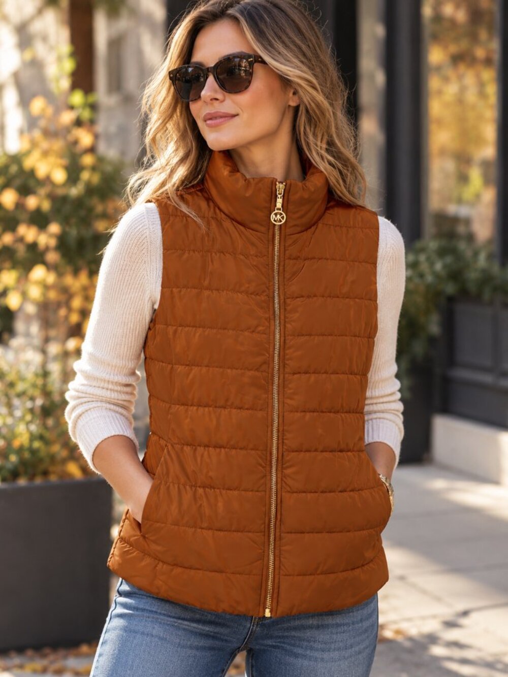 Michael Kors Women’s M Burnt Orange Quilted Puffer Vest Preppy Fall Athleisure
